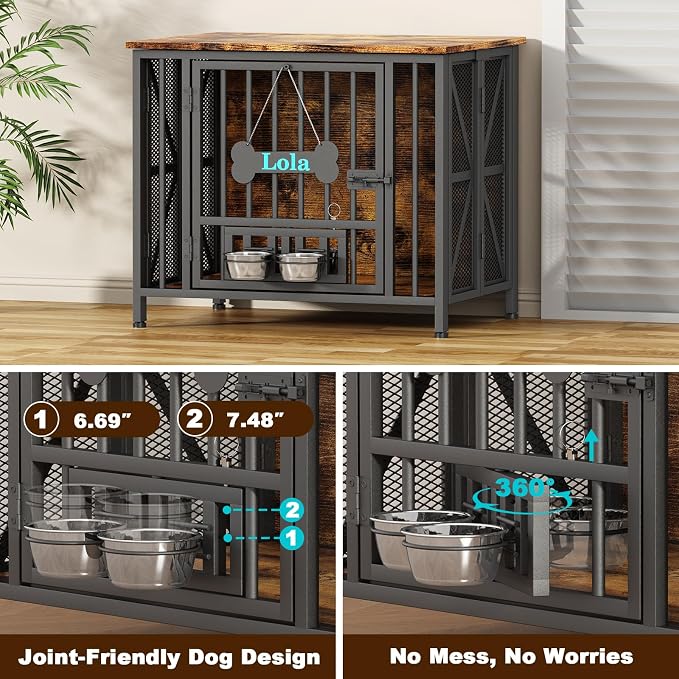 Easycom Dog Crate Furniture, 31.5" Assembly-Free Dog Crates for Small & Medium Dogs, Foldable Dog Kennel Indoor with Tag & Adjustable Dog Bowls, Wooden Dog Cage Use as End Table, Rustic Brown | Foldable Dog Crate Furniture, Wooden Dog Kennel Indoor
