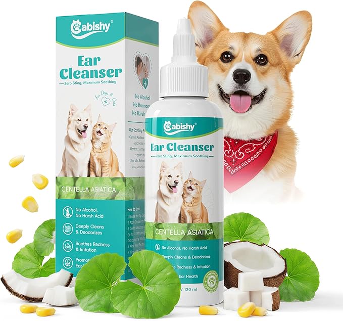 Cabishy Ear Cleaner for Dog Cat Ear Drops Wax Removal with Centella Asiatica No Irration, No Alcohol, Non-Medicated Pet Ears Wash Cleaning Solution Itch Relief Soothing Deodorizing Itchy Ears 4oz