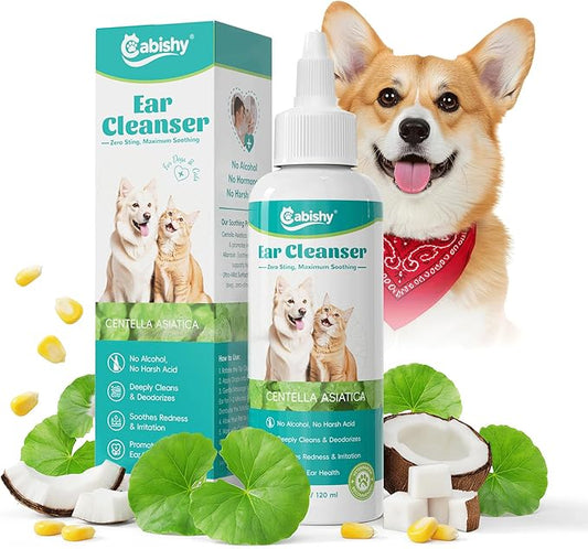 Cabishy Ear Cleaner for Dog Cat Ear Drops Wax Removal with Centella Asiatica No Irration, No Alcohol, Non-Medicated Pet Ears Wash Cleaning Solution Itch Relief Soothing Deodorizing Itchy Ears 4oz