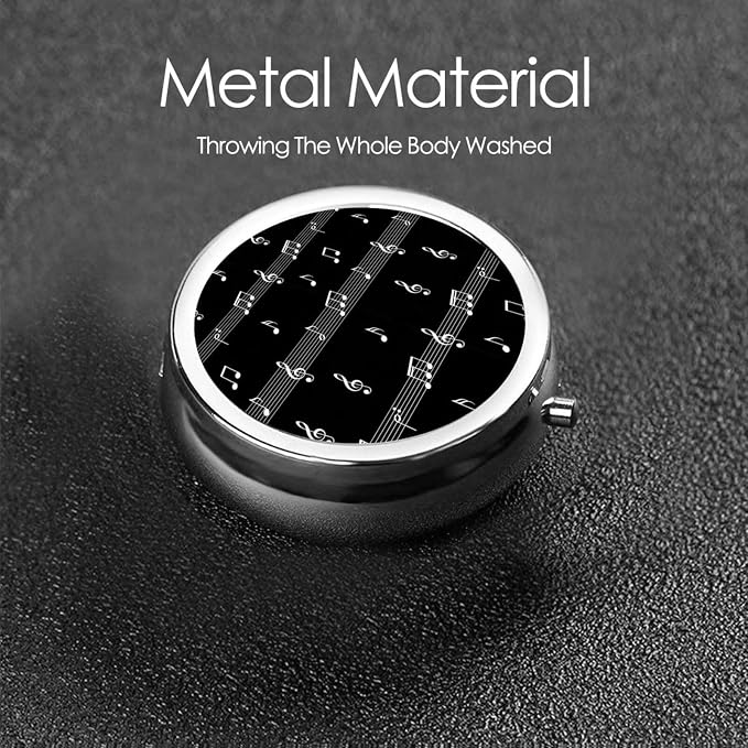 Pocket Pill Dispenser, Black and White Piano Keys Round Metal Case, Travel Organizer for Medicine, Waterproof Pill Box Purse Use for Road Trips
