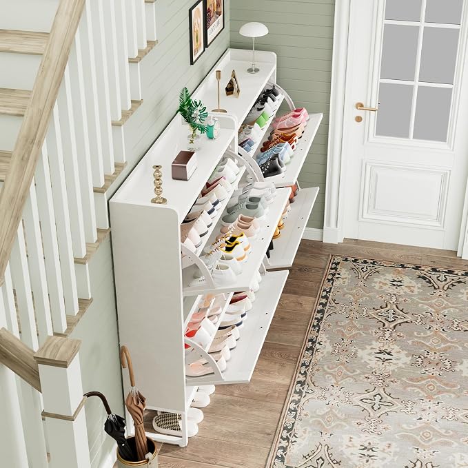 GRUSIGN Shoe Cabinet, Shoe Storage Cabinet with 2 Flip Drawers & Adjustable Shelf, Space-Saving Shoe Organizer – Holds 16+ Pairs, Narrow Shoe Cabinet Storage for Entryway/Hallway（White）