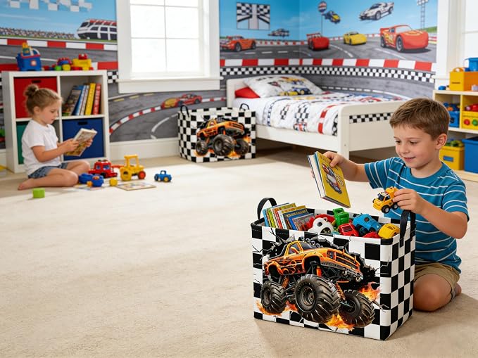 Sanjiaofeng Rectangular Monster Truck Basket for Kids,Baby Storage Bins with Handles for Car Decor,Racing Storage Bin,Cute Toy Storage Organizer for Boys and Girls,Car Room Decor(Racing flag)