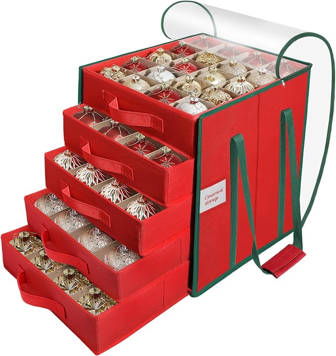 Christmas Ornament Storage Box,5 Tier Holds Up to 100-3” Holiday Décor | Xmas Ornament Organizer Container,Adjustable Dividers,Organizer Bin to Protect and Store Holiday Décor , 600D Oxford Fabric