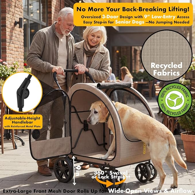 PAWZIDEA 3-in-1 Large Dog Stroller with Detachable Carrier, 45% Extra Tall | Dog Crate Car Travel for 2 Medium Dogs Sit Upright, Foldable Jogger Pet Stroller All-Terrain Up to 100lbs, Storage Organizer