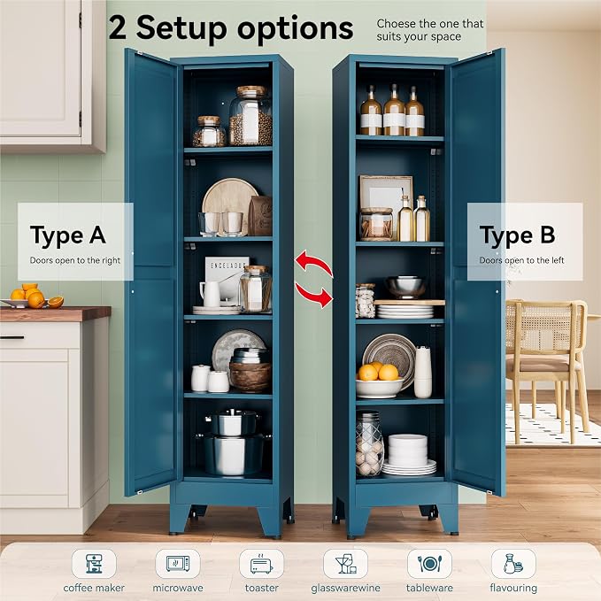 YAUWOH White Narrow Metal Storage Cabinet, Tall Freestanding Cabinet with 4 Adjustable Shelves & Barn Doors, Pantry Organizer for Bathroom Kitchen Home Office Dining Room（1PC,Blue