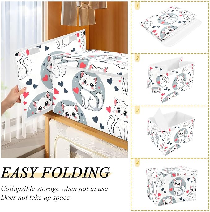 Cat Love Fabric Storage Bins with Lid Foldable Storage Boxes 40L Baskets | Foldable & Stackable, Flip Top Dust Guard, Reinforced Handles, Home & Bedroom, Clothes & Toys, Oxford Print Basket