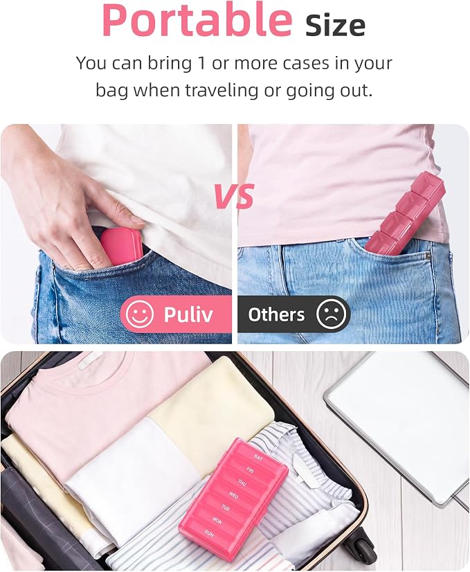 PULIV Weekly Pill Organizer with Large Capacity, Dual Protection (Pink) | Pill Box 7 Day, Arthritis Friendly Pill Case Easy to Open, Medicine Organizer for Vitamins, Medication, Fish Oils, Supplement