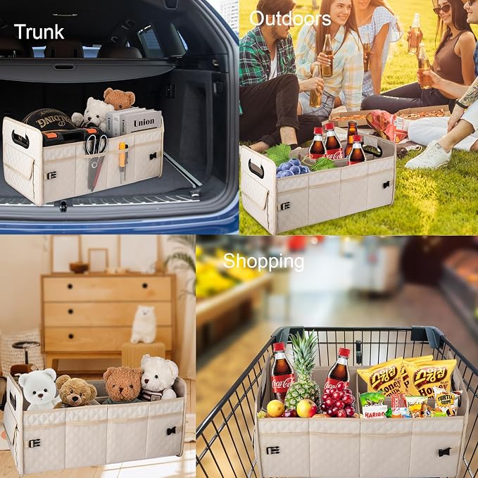 Car Trunk Organizer for SUV, Collapsible Car Storage Organizer Large Beige | Sturdy, Strong Capacity, Diamond Decor, Multi Compartment Container Box Adjustable Car Accessories for Sedan Truck