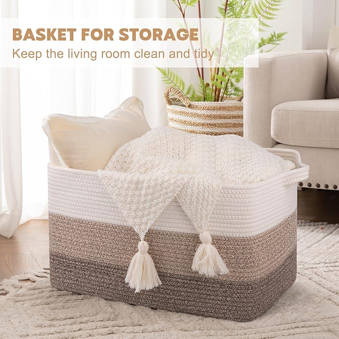OIAHOMY Large Blanket Basket, 65L Cotton Rope Woven Laundry Basket, Toy Bin for Baby Room, Container for Blanket Storage in Living Room, 20''×16''×12'', Gradient Brown