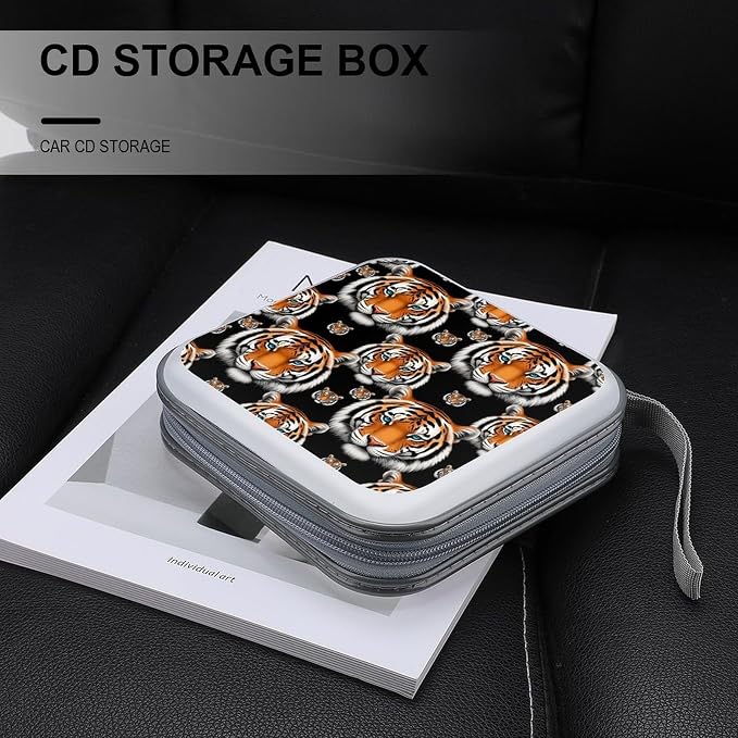 Protective 40-Capacity CD Organizer White Tiger, Hard Case Storage Binder with Zipper, Portable Wallet for Car Home Office