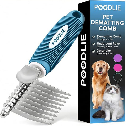 Poodle Dematting Fur Rake Comb Brush for Dogs and Cats - Long 2.5" Steel Safety Blades Metal Comb for Detangling Matted or Knotted Undercoat Hair