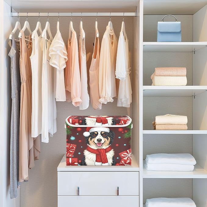 Winter Christmas Pet Storage Bins with Lids Closet Bedroom 40L Fabric Bin | Decorative Storage Boxes, Foldable & Stackable, Dust-Proof Flip Top, Reinforced Handles, For Home & Dorm, Clothes & Toy Box