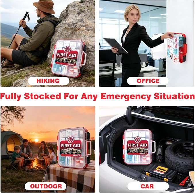400 Piece First Aid Kit, Organized Dual-Layer Wall-Mountable Hard Case | Sturdy Case, Complete Medical Kit for Home, Car, Camping, Travel, Hiking, Truck, Office, Sports & Outdoor Emergencies