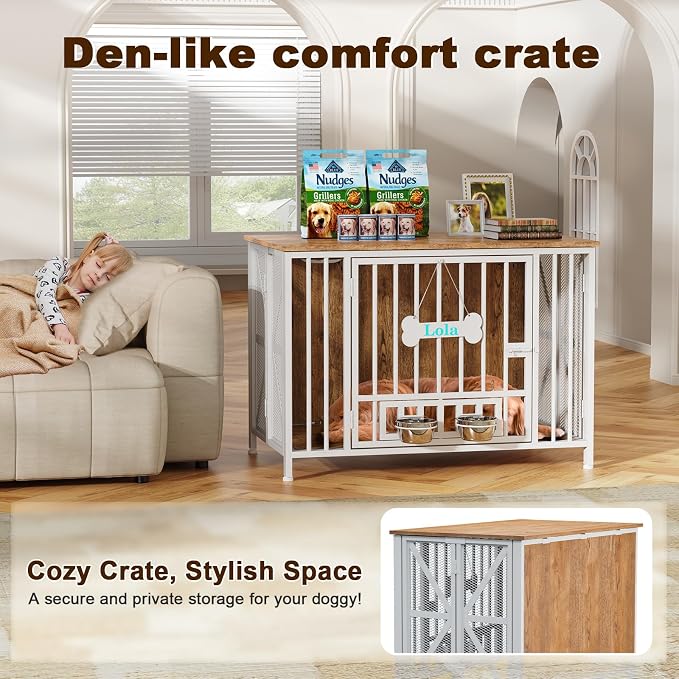 Easycom Foldable Large Dog Crate Furniture, 41.3" Assembly-Free Dog Crates for Large Dogs, Decorative Wooden Dog Kennel Indoor with Tag & Dog Bowls, Dog Cage Use as TV Stand, White & Beech | Foldable Large Dog Crate Furniture for Large Dogs, Wooden Dog...
