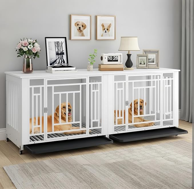DWVO 76" Double Dog Crate Furniture for 2 Large Medium Dogs Chew-Resistant | Heavy Duty Dog Kennel Indoor TV Stand with Wheels, Decorative Wooden Dogs Cage Table with Removable Tray, White
