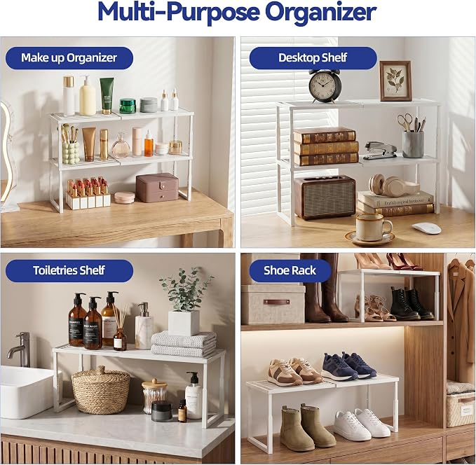 2 Packs Expandable Cabinet Shelf Organizer, Stackable Countertop Shelves | 15.8''- 25.5'' In Cabinet Shelf, Adjustable Kitchen Cabinet Organizer for Pantry Organizer, CupBoard Organizers and Storage