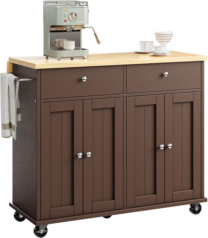 JY QAQA 39" Kitchen Island on Wheels with Storage Cabinet Kitchen Cart Cabinet with Shelves, Cart Handle for Towel Rack or Free Mobility, Portable Islands for Kitchen, Brown