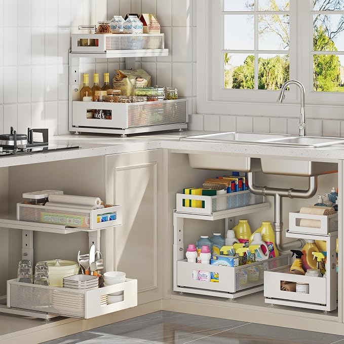 2 Pack Under Sink Organizer With Next-Gen Ball-Bearing Slides,2-Tier Pull Out Cabinet Storage,Height Adjustable Drawer Shelf for Bathroom,Kitchen,Laundry,Cabinet,Pantry(Patent Pending)