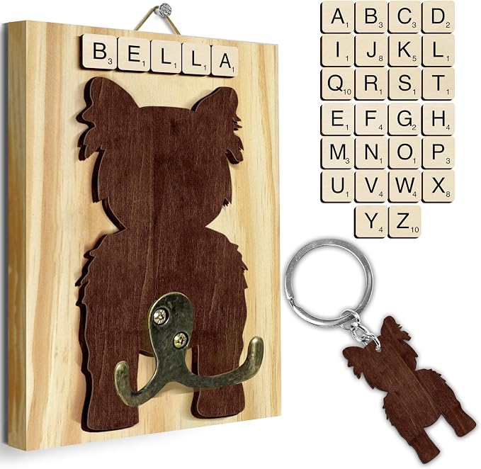 Yorkshire Terrier Dog Leash Holder Wall Mount with Scrabble Letters, Wooden Dog Wall Hook Organizer, Pet Collar & Harness Holder Entryway, Key Hook Leash Rack, Gift for Pet Lovers, Home Decor PF297-73