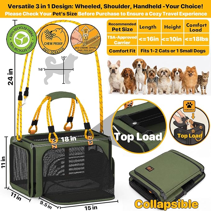 PAWZIDEA Expandable Pet Carrier for Small Cats & Dogs, TSA Airline Approved | 18"×11"×11" Soft-Sided Small Dog Travel Bag, Collapsible Top-Load Cat Carrier for 2 Cats Under Seat, Puppy Car Seat Up 15lbs