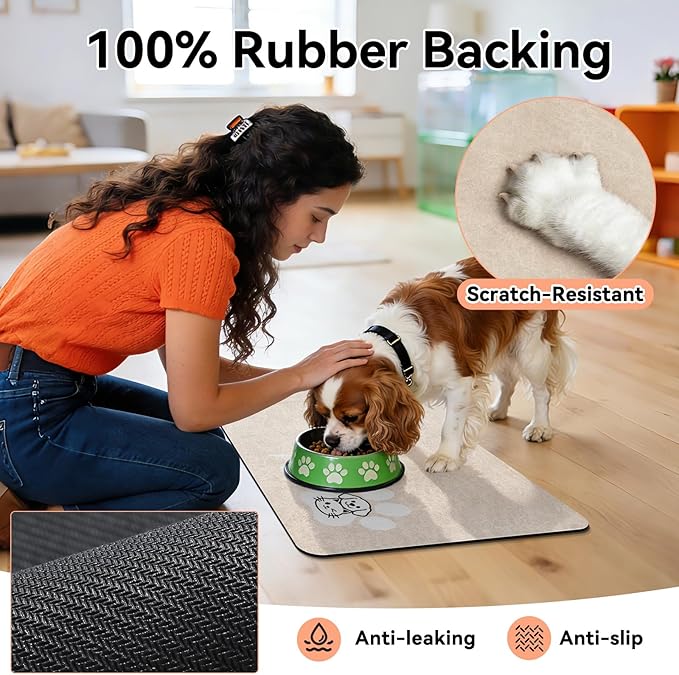 Dog Cat Feeding Mat-Absorbent Pet Bowl Mat for Food and Water, Quick Dry Water Dispenser Mat for Floors with Waterproof Rubber Backing, Puppy Cat Placemat Mats for Messy Drinkers,12"x20",Taupe