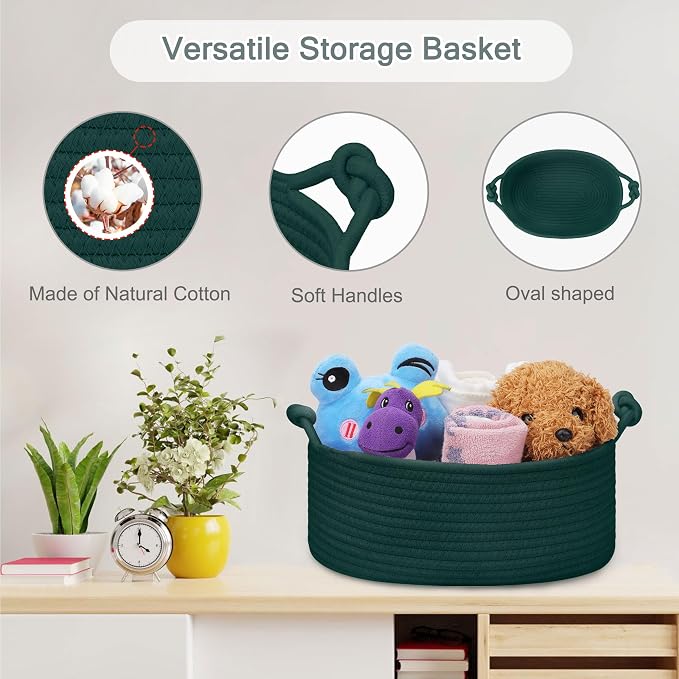 COMSE Small Gift Basket Empty with Bag & Ribbons, Solid Dark Green | Cotton Rope, 12"x 8"x 5", Pet Toy Storage Organizer, Woven Basket for Birthdays, Baby Showers, Mother’s Day, Valentine’s Day