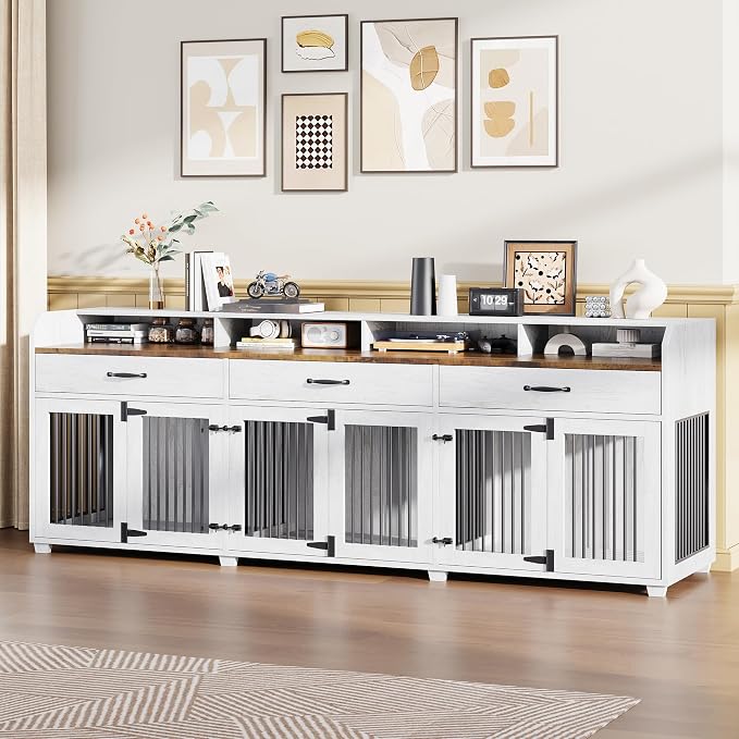 LUXOAK 95" Large Dog Crate Furniture with Storage 3-Room Indoor Dog Kennel | Dog Cage for Large/Medium Dogs, TV Stand & Sideboard with Drawers & Removable Divider, White+Barnwood