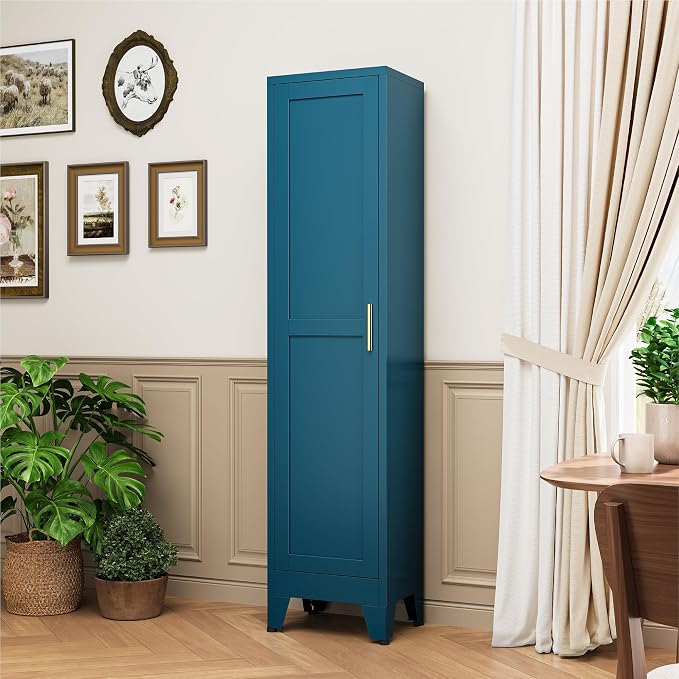 YAUWOH White Narrow Metal Storage Cabinet, Tall Freestanding Cabinet with 4 Adjustable Shelves & Barn Doors, Pantry Organizer for Bathroom Kitchen Home Office Dining Room（1PC,Blue