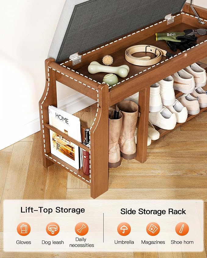 Pipishell 34" Pine Wood Shoe Bench Entryway with Soft Cushion and Storage | Lift-top storage, side holder, 440 lbs weight capacity, sturdy and durable, EPA & CARB-certified, holds 7 pairs, for entryway