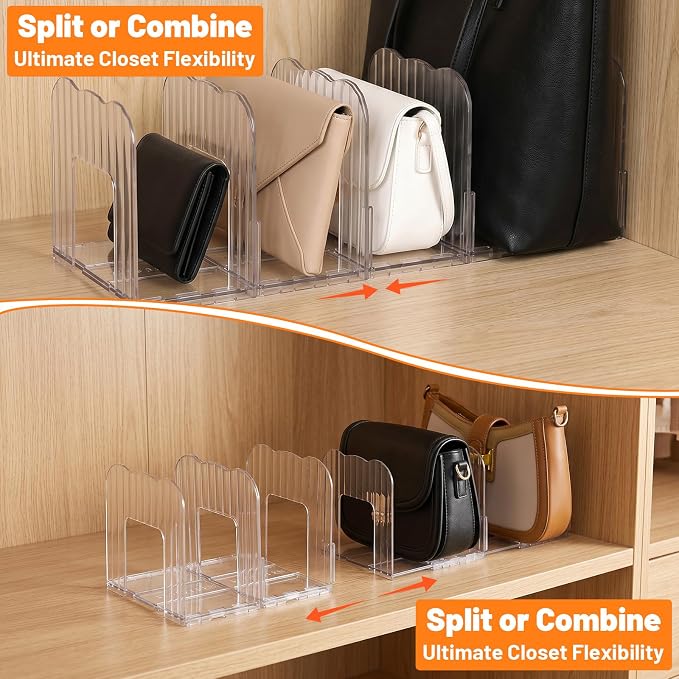 4 Sets Clear Purse Organizer for Closet, 16 Pcs Adjustable PET Handbag Storage Shelf Dividers, Clutch Separator for Shelves, Books, Accessories – No Assembly Needed