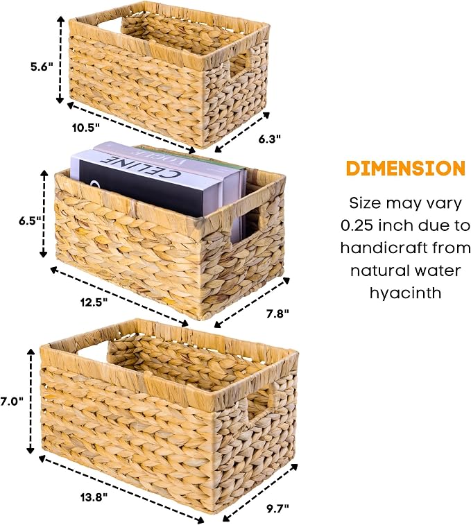 M4DECOR Set of 6 Rectangular Wicker Storage Baskets for Shelves | Water Hyacinth Storage Baskets, Pantry Baskets for Organizing, Handwoven Wicker Baskets for Storage