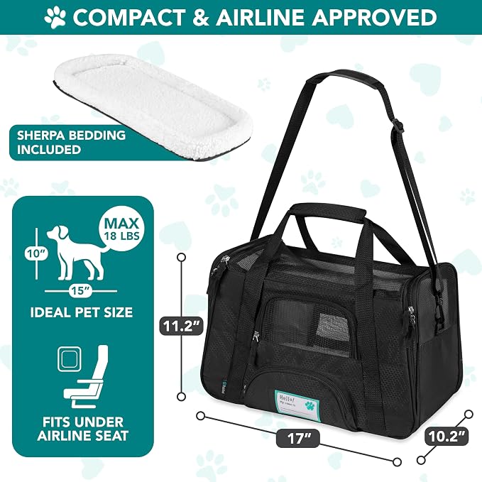 PetAmi Airline Approved Pet Carrier for Cats & Small Dogs, Small, Black | Soft Sided TSA Travel Bag, Sherpa Bed, Breathable Mesh Ventilation, Collapsible Bowl, Fits Under Seat, Up to 18 lbs