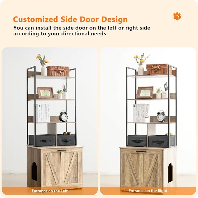 Dwanton Cat Litter Box Enclosure, 3 Storage Shelves and 2 Drawers, 61.8" H | 2-in-1 Hidden Cat Litter Box Enclosure Furniture with Shelf, Metal Frame, Reversible Entrance, Washable Drawers, Greige