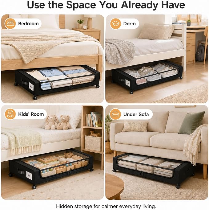 Camkey® Under Bed Storage with Wheels, 2-Pack 60L Bins, Low Profile, Black | Two 60L Rolling Underbed Storage Bins with 360° Wheels, Clear Zippered Lids, Pull Handles, Label Pockets and Black Fabric