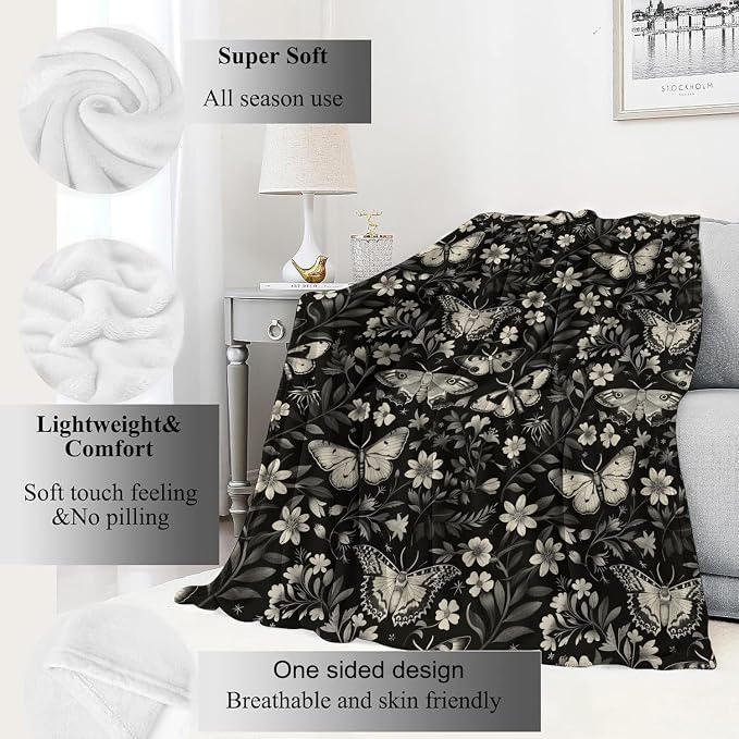 Moth Blanket Classic Vintage Goth Throw Blankets Gifts for Women Lightweight Soft Fleece Cozy for Halloween Sofa Couch Bed Room Travel Birthday Decor Black White Floral Flower Design 50x60in