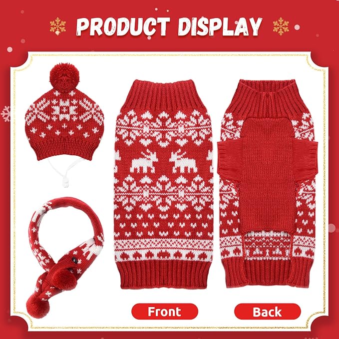 ABRRLO Dog Christmas Outfit 3 PCS Set Pet Xmas Sweater Hat Scarf Snowflake Christmas Dog Cat Sweaters Costume Winter Warm Small Dogs Clothes New Year Holiday Puppy Clothing (Scarf + Hat + Sweater,M)
