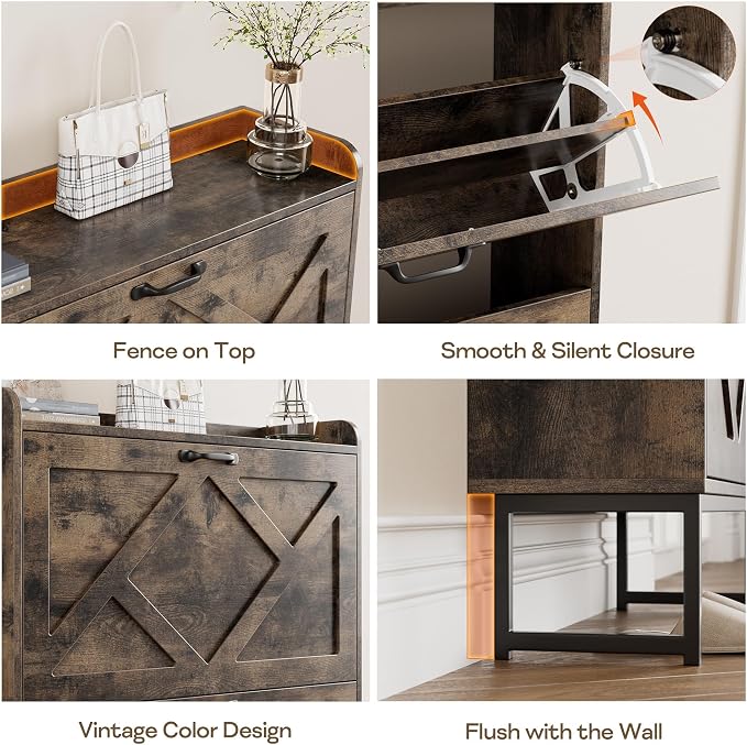 Shoe Cabinet with 2 Flip Drawers, Entryway Organizer, Chestnut | Slim Wood Shoe Rack with Metal Legs, Farmhouse Shoe Cabinet Storage for Entryway, Foyer, Hallway, Shoe Dresser with Hook