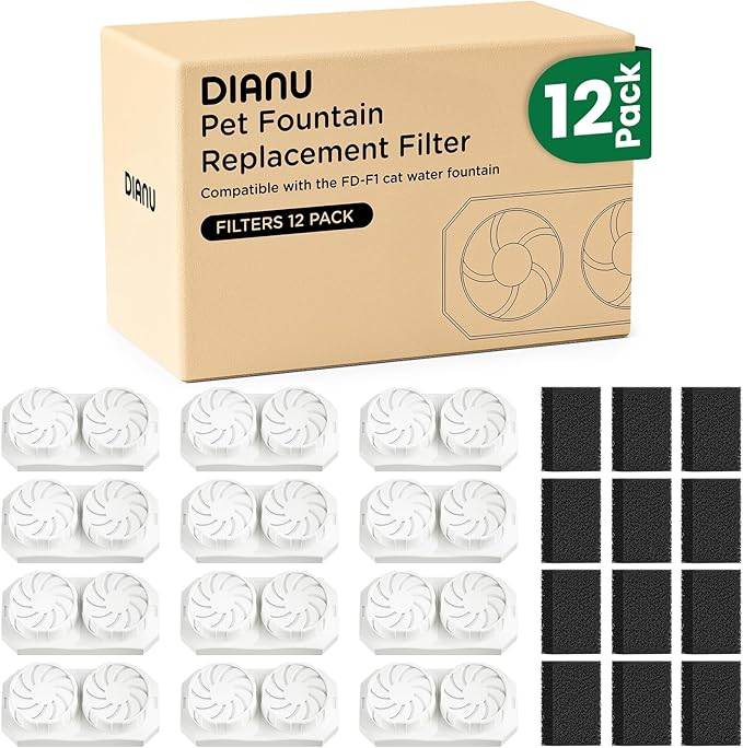 DIANU Official Cat Water Fountain Replacement Filters & Pre-Filter Sponges for 3.2L/108oz Stainless Steel Pet Fountain (9 Pack)