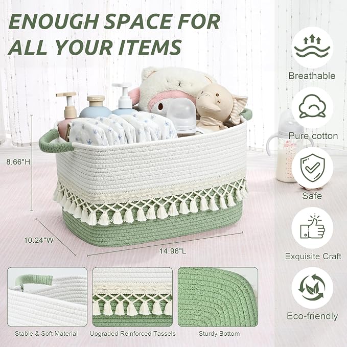 3 Pack Storage Basket for Shelves, Boho Cotton Rope Storage Bins with Heavy Tassel, Shelf Baskets Large Woven Baskets for Organizing, Cube Organizer Bins, Baby Laundry Basket for Clothes, Toys, Pets