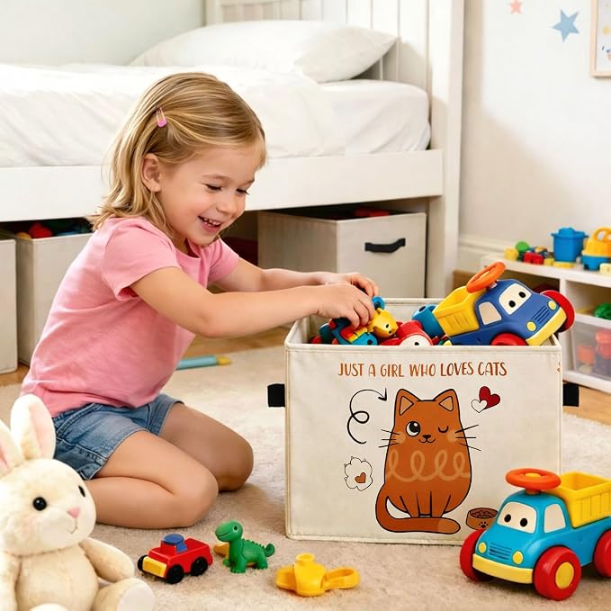 Cat Storage Bin, Foldable Fabric Basket for Girls Room Nursery | Foldable fabric storage bin with cat lover quote design for toys, books, clothes, nursery, bedroom, and playroom use.