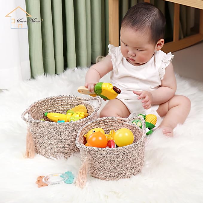 Small Gift Basket Empty to Fill, 2 Pack, Mini Woven Basket, Natural Beige | Cute Decorative Mini Rope Storage Baskets with Cellophane Bags & Ribbons; Two Sizes for Gifting, Bathroom Counter or Desk