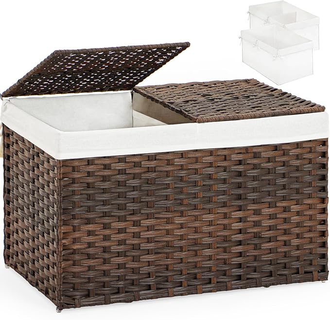 SETVSON Storage Basket with Lid Wicker Baskets for Storage, 160L Brown | 42.3 Gallon Storage Bin with 2 Separate Lids, 2 Removable Liners for Clothes & Blankets, Sturdy Metal Frame, PE Rattan