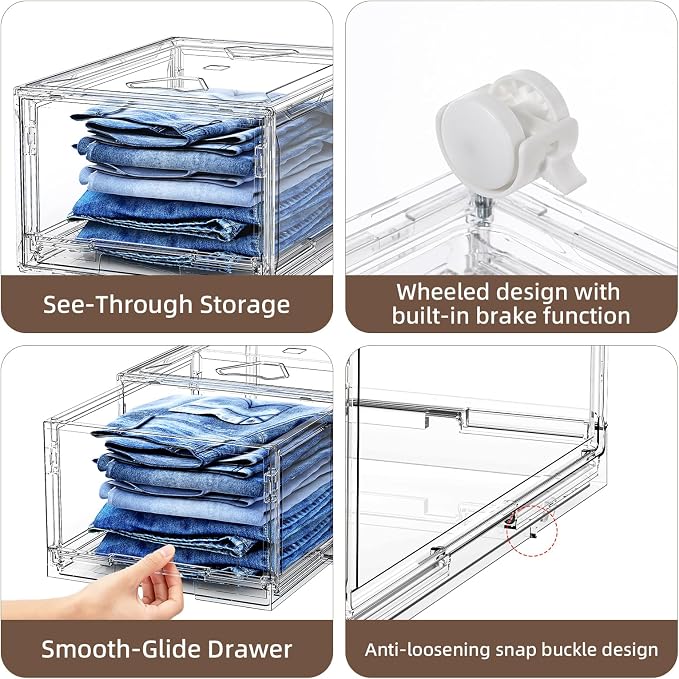 Large Clear Storage 3 Drawer Organizer with Wheels for Closet | Plastic Drawer Organizer, Storage Bins with Drawers, Dustproof Rolling Cart Bedroom, Bathroom, Home Office, and Dorm Rooms