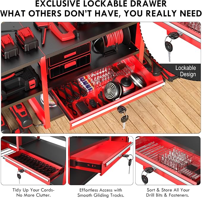 KSVO Large Power Tool Organizer Wall Mount with Locking Drawers, Red | Grinder Holder, Hammer & Pliers Rack, 6-Outlet Charging Shelf, Heavy-Duty Metal Storage for Garage & Workshop