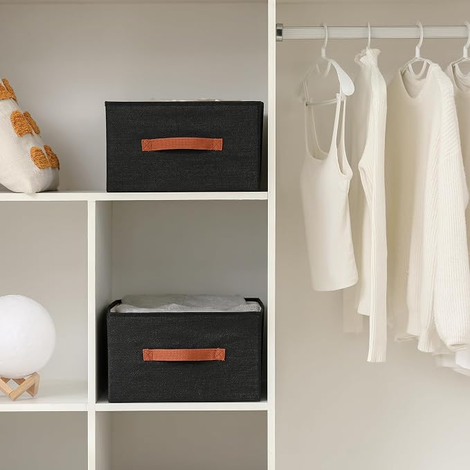 linen closet organizers and storage, 3 Pack Large Storage Baskets, Washable, Clothing Storage Bins with Handle, Closet Organizer for Storage Sweater,Sheets (Black, 18½"x13½x8½)