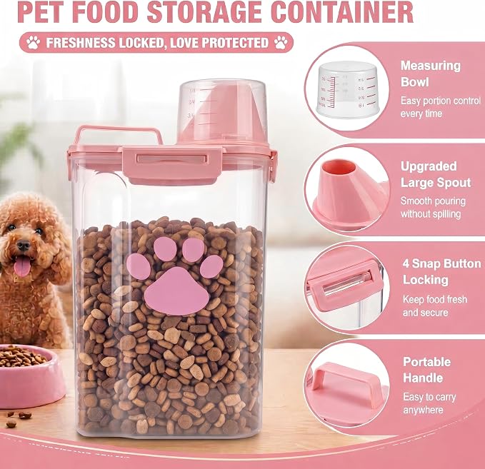 Dog Storage Container with Cleaning Brush and Measuring Cup | Airtight Portable Pet Food Containers with Upgraded Large Spout and Cup for Dogs,Cats,Birds,Small Animals(Pink)