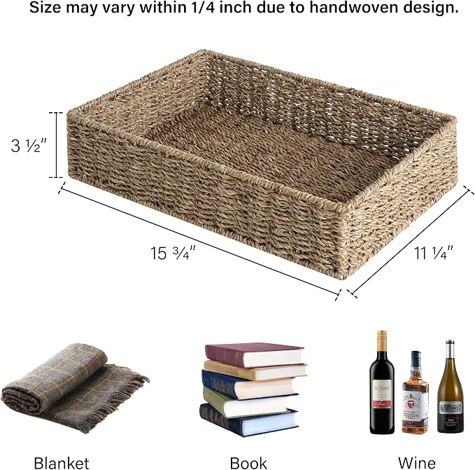 StorageWorks Large Seagrass Tray for Bathroom, Seagrass Storage Baskets for Shelves, Handwoven Natural Wicker Baskets for Organizing, 2-Pack | Handwoven Seagrass Trays for Decor & Organizing, Shallow Rectangle Wicker Tray for Coffee Table, Living Room,...