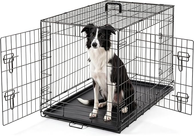 DUMOS 36 Inch Dog Crate, Puppy Small Medium Foldable Dog Cage Pet Kennel | Double Door Metal Wire, Plastic Leak-Proof Pan Tray, Portable Indoor Outdoor Training Travel
