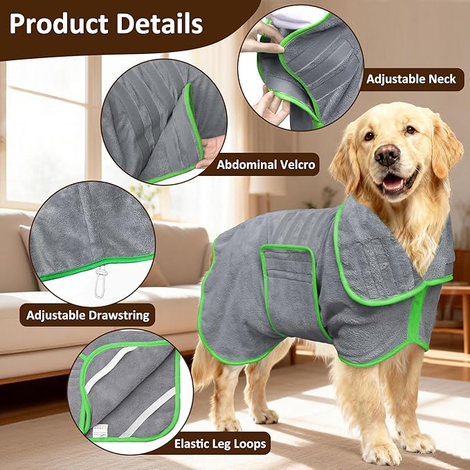 Soft Dog Bathrobe Fast Drying Dog Coat, Super Absorbent Dog Towels for After Bath, Microfiber Pet Robe Adjustable Collar & Belly Warm Keeping Dogs Coat for Pet Dogs & Cats (Grey, 3X-Large)