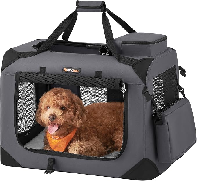 Feandrea Collapsible Soft Dog Crate, Portable Travel, 24 Inches | Dog Carrier Kennel with Safety Zippers for Living Room, Car, Travelling, Gray UPDC60GY